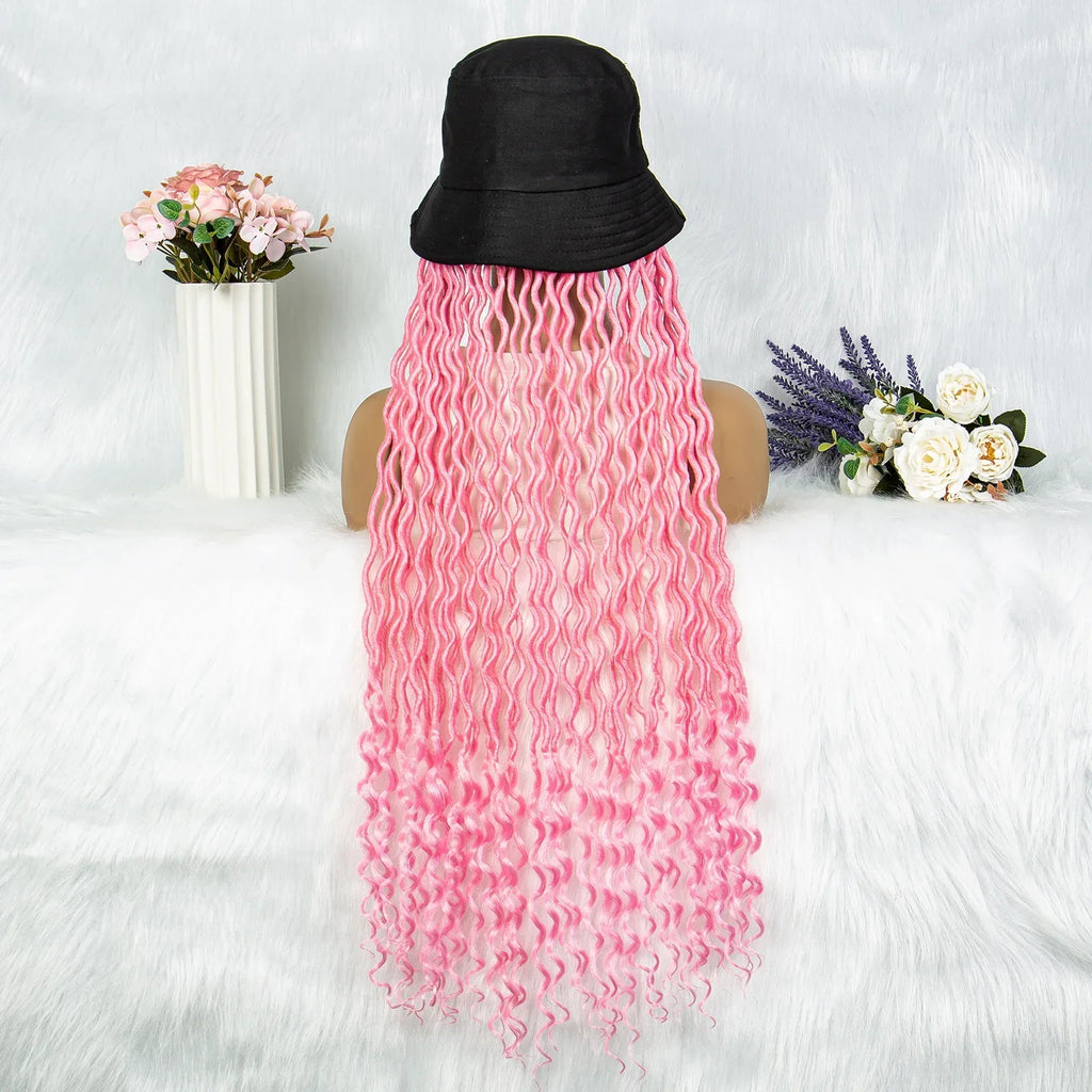 30" Crochet Afro Dreadlocks Bucket Hat Wig | Synthetic Braided Hair | Curly Ends | Black Women