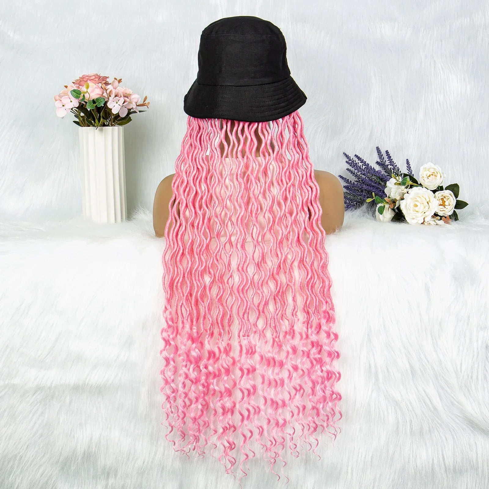 30" Crochet Afro Dreadlocks Bucket Hat Wig | Synthetic Braided Hair | Curly Ends | Black Women