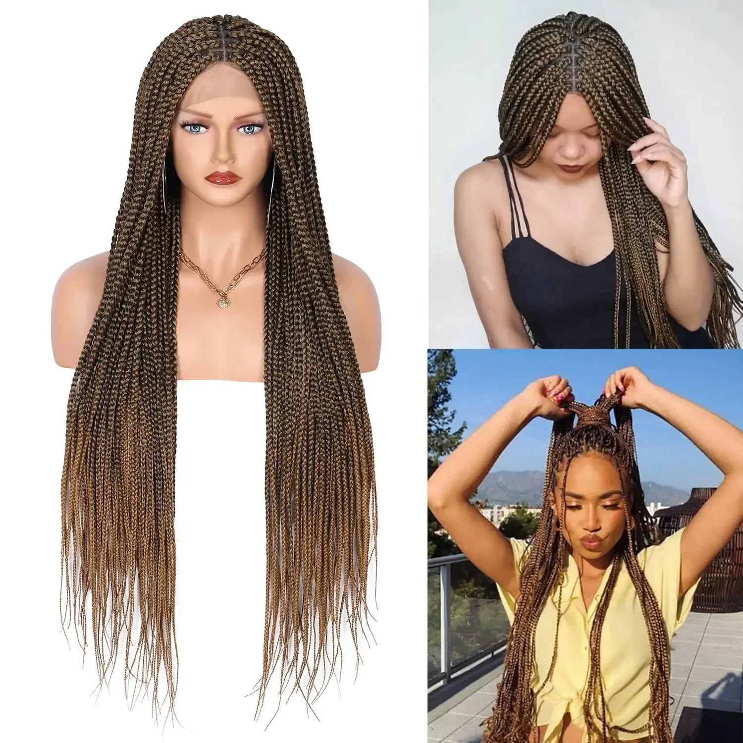 36" Ombre Burgundy Knotless Box Braid Wig | Full Double Lace Frontal | Baby Hair | Kanekalon Synthetic Wig for Women