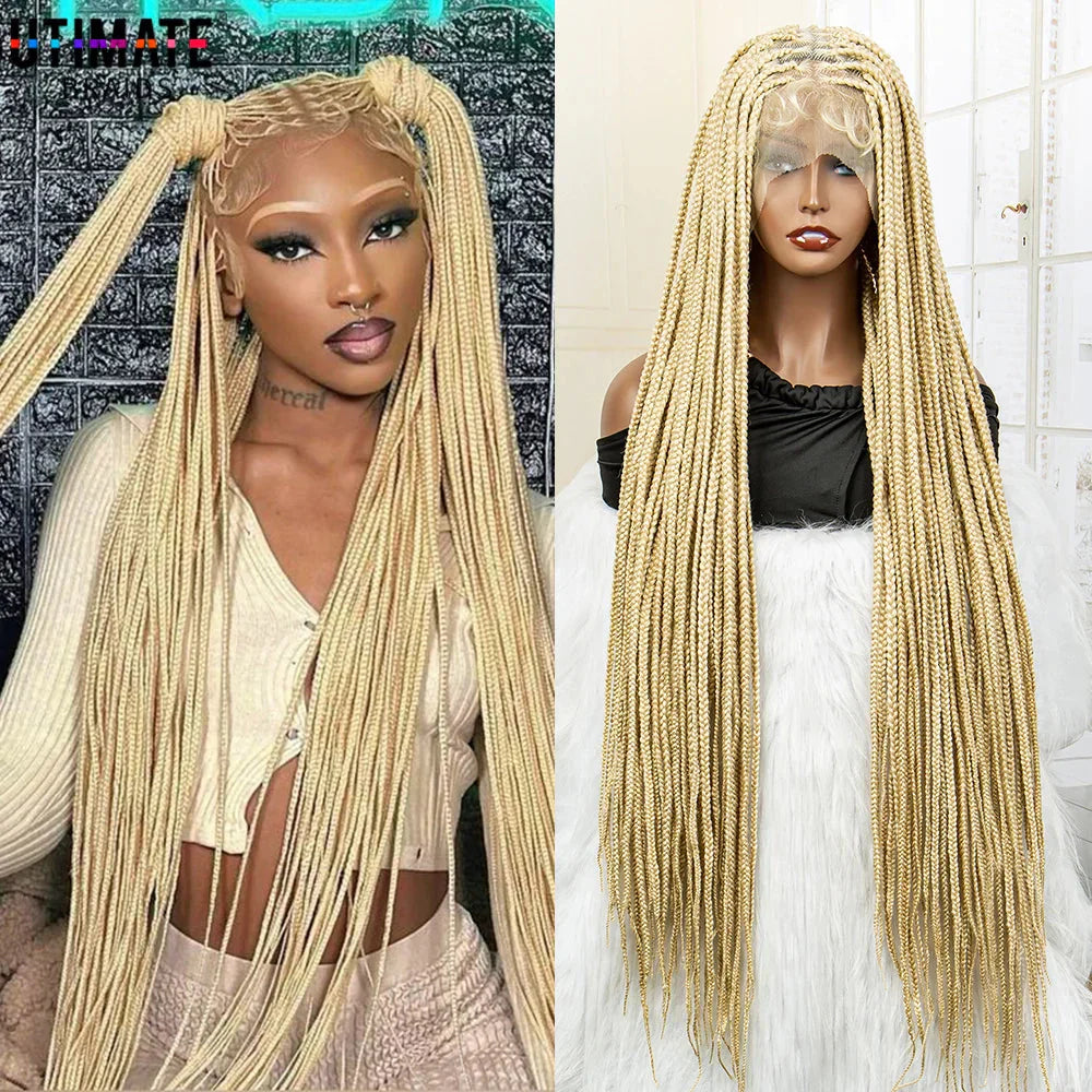 36" 613 Full Lace Knotless Box Braided Wig | Transparent HD Lace | Baby Hair | Synthetic Wig for Black Women