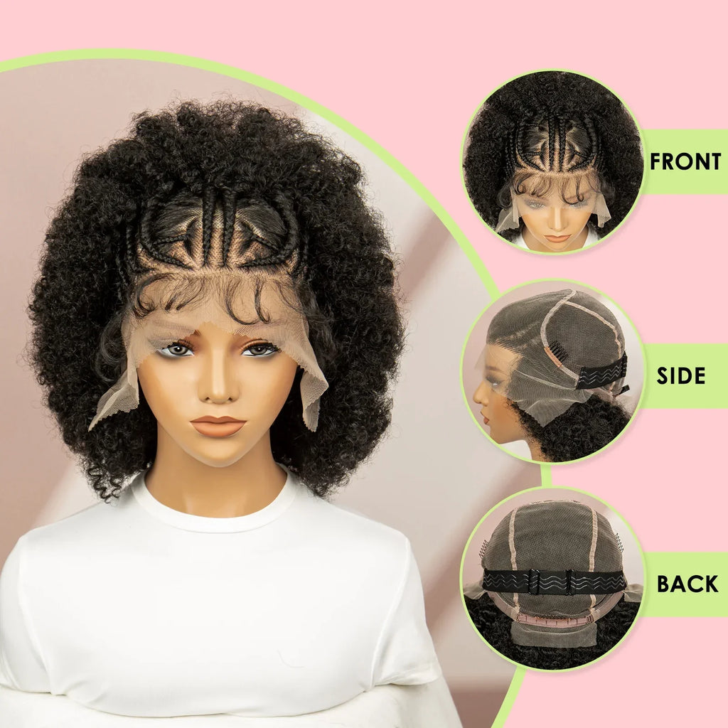 8" Afro Kinky Curly Short Braided Wig | Full Lace Knotless Braids | Synthetic Kanekalon Hair