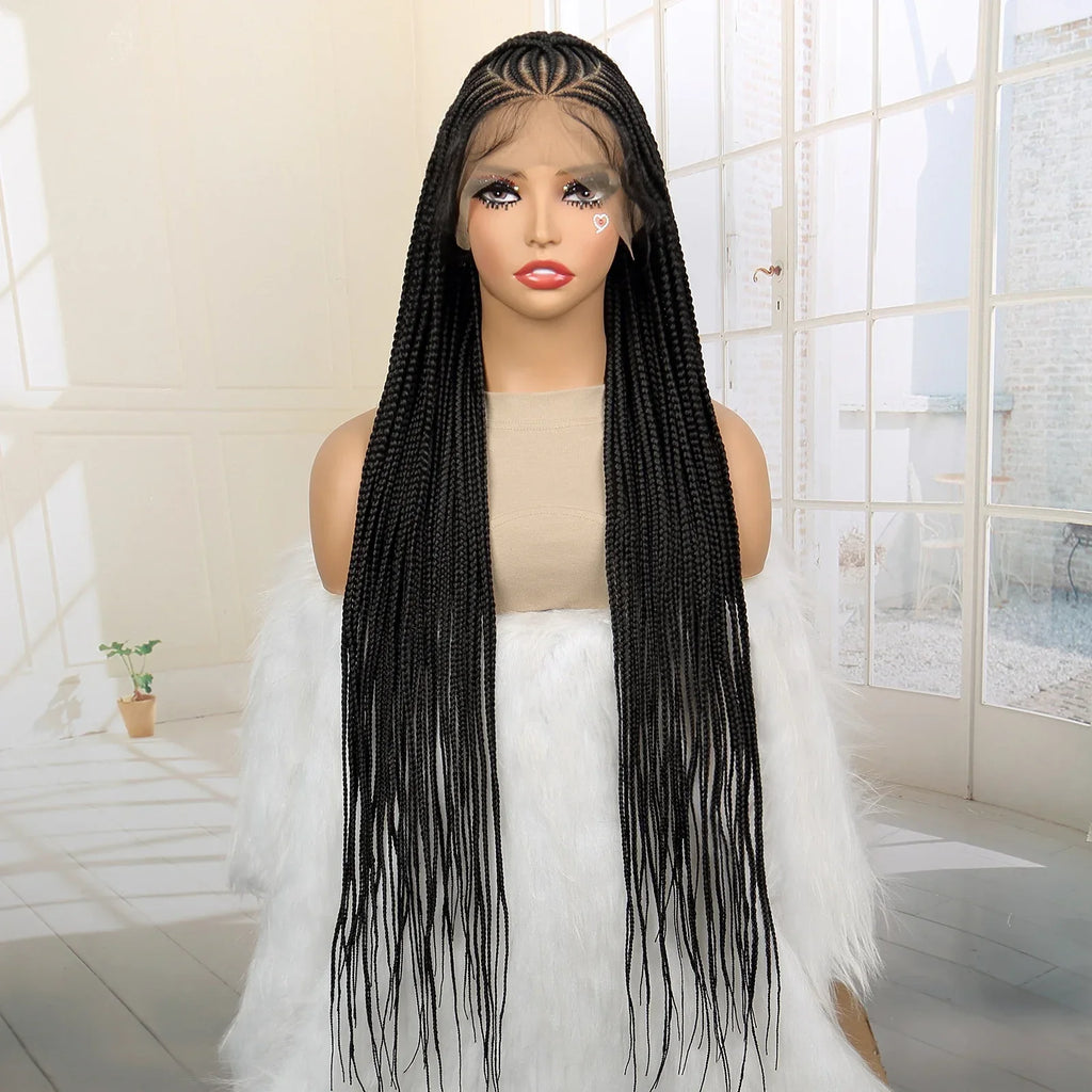 36" Cornrow & Knotless Box Braids Wig | Full Lace | Baby Hair | Twist Accents | Kanekalon Hair