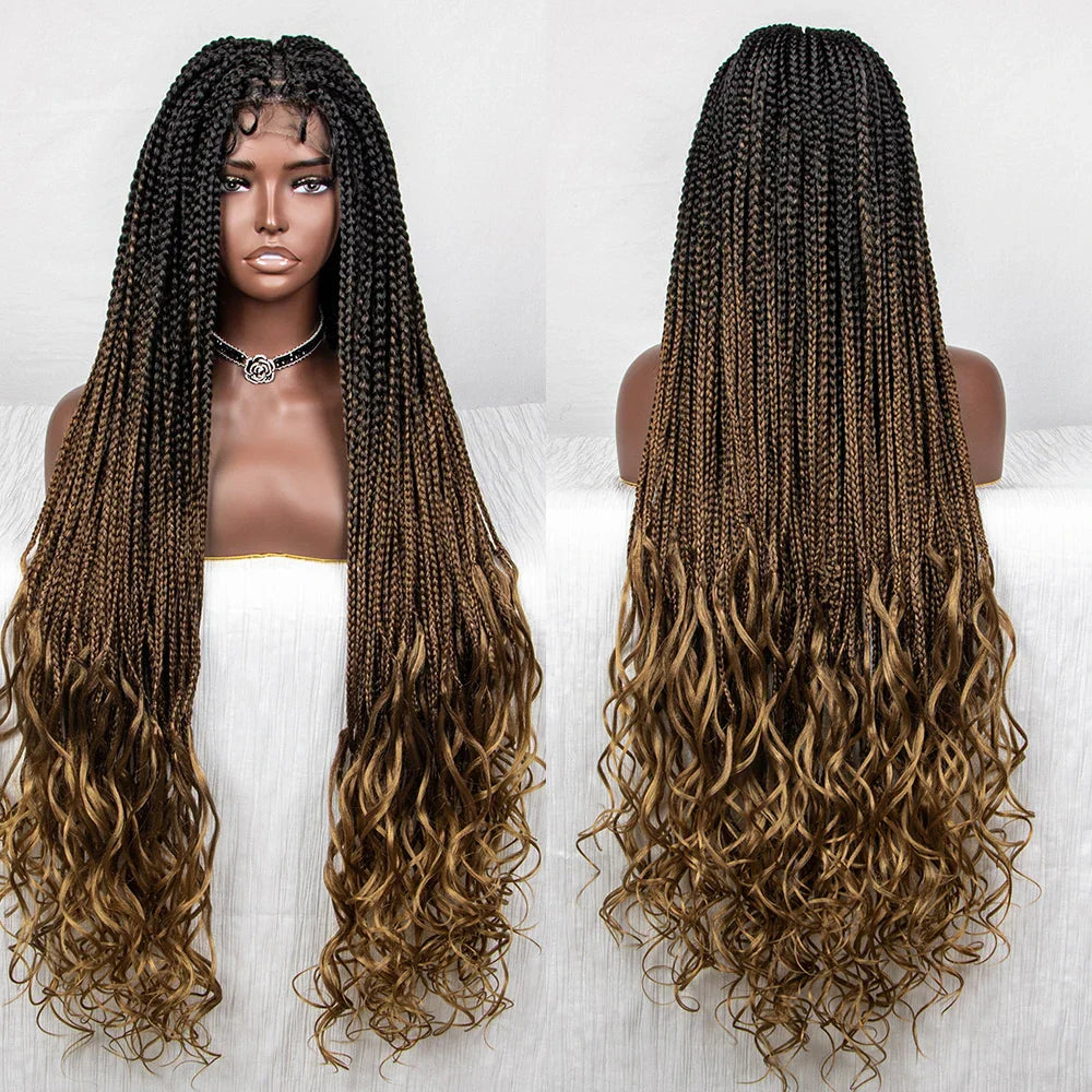 36" Water Wave Braided Wig | Lace Front | Baby Hair | Long Braids