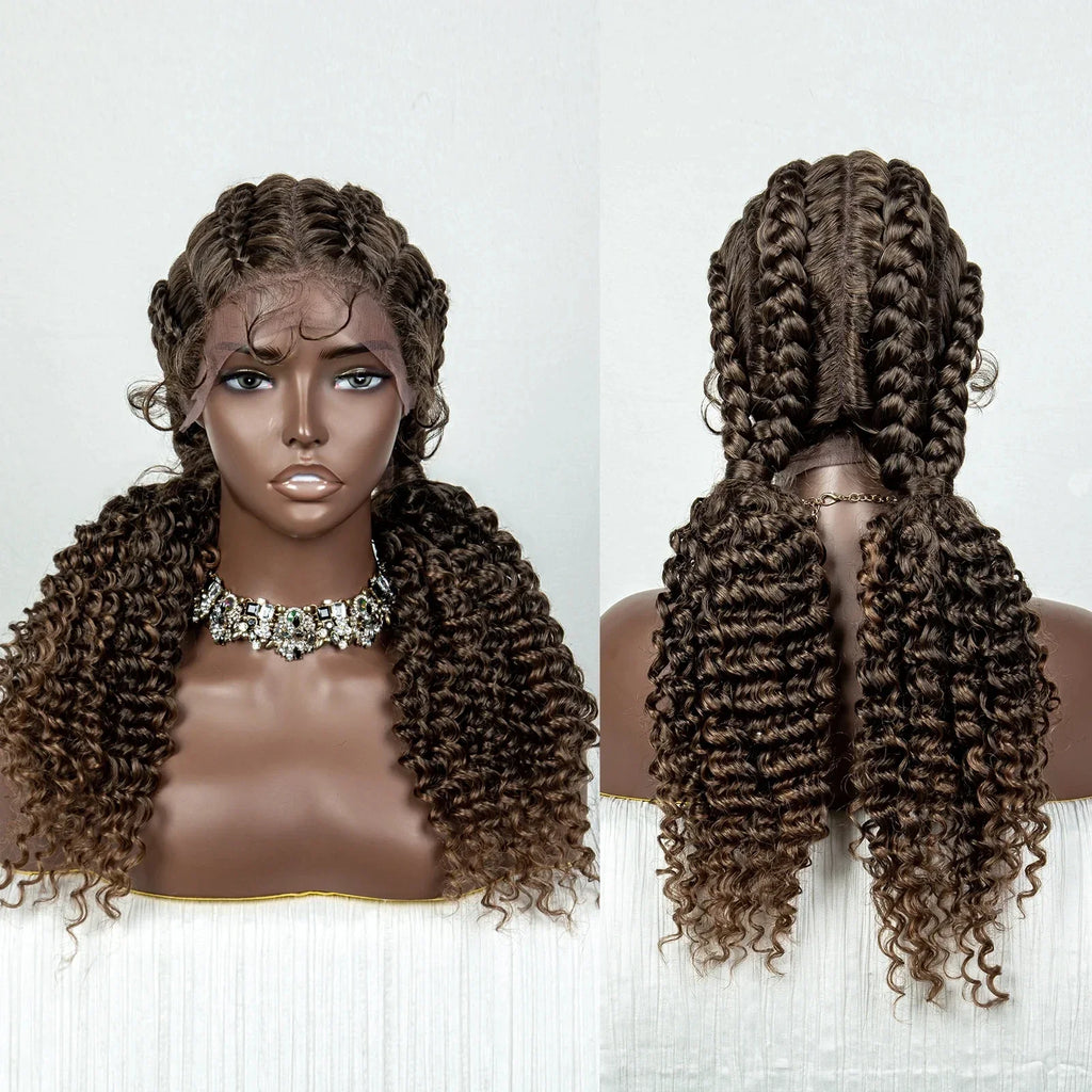22" Box Braids Full Lace Wig | Two Curly Ponytails | Baby Hair | Synthetic Braided Wig