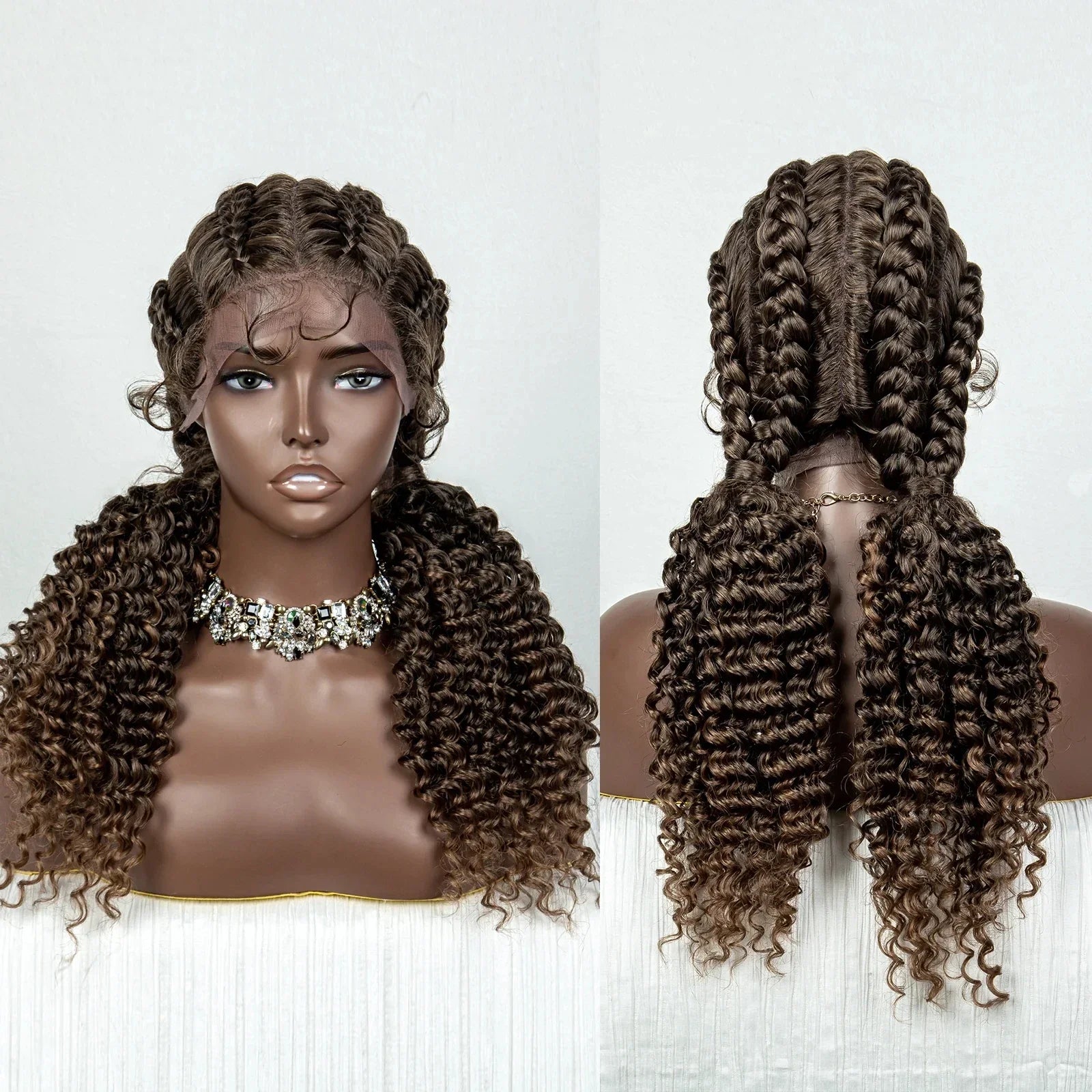 22" Box Braids Full Lace Wig | Two Curly Ponytails | Baby Hair | Synthetic Braided Wig