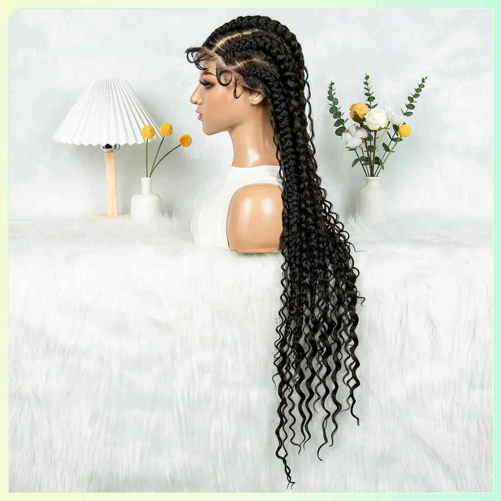 32" Ghana Cornrow Boho Braids Wig | Full Lace Knotless with Curly Inset