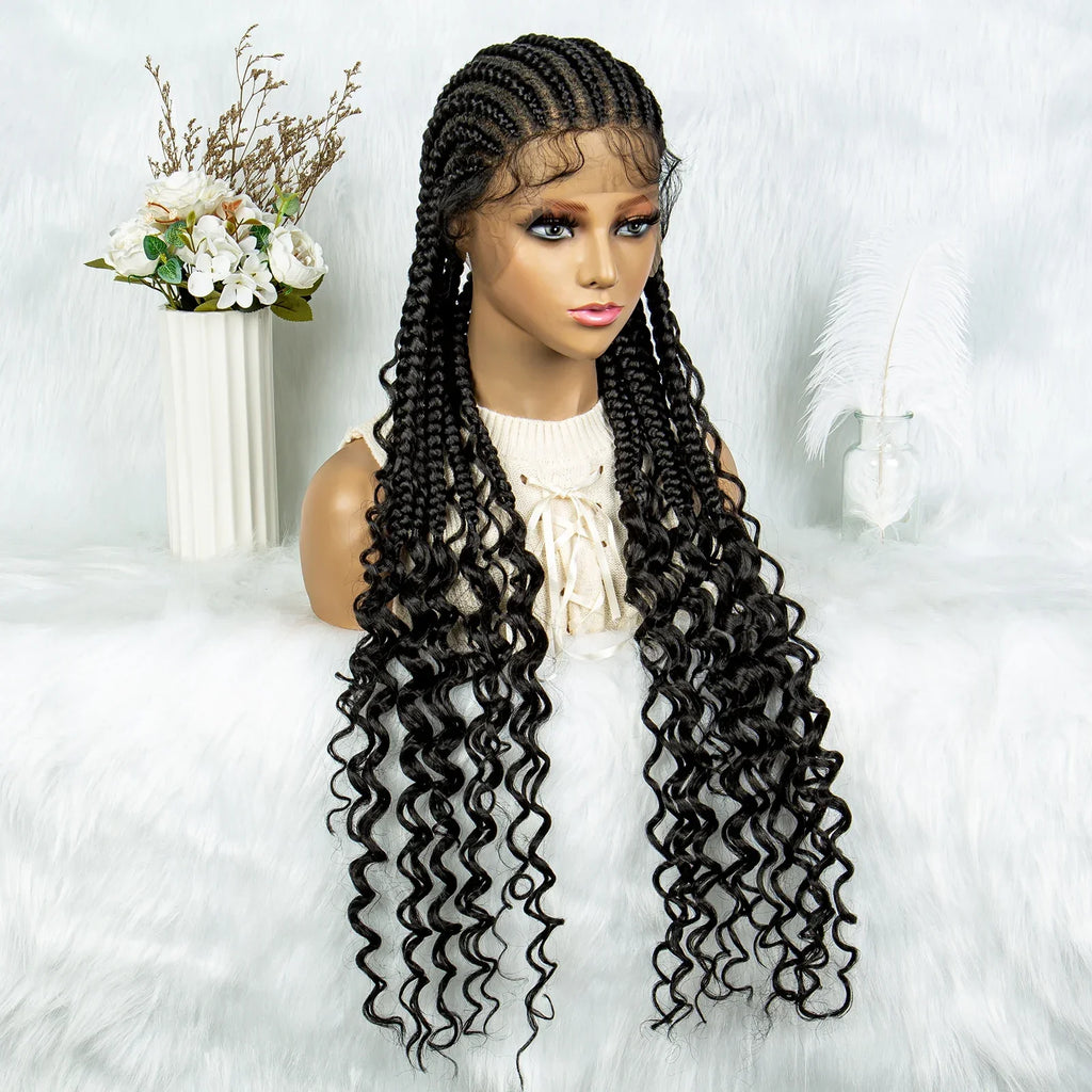 2024 KIMA Cornrow Water Wavy Braided Full Lace Wig with Baby Hair | Synthetic African Braid Lace Front Wig