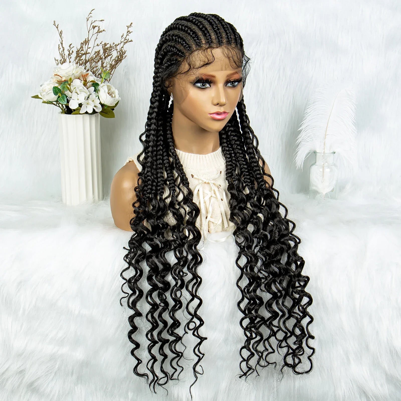 2024 KIMA Cornrow Water Wavy Braided Full Lace Wig with Baby Hair | Synthetic African Braid Lace Front Wig