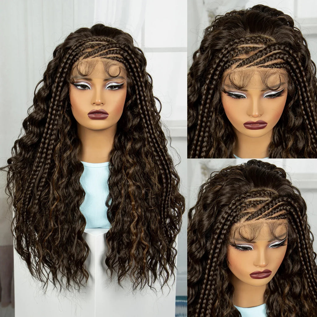 26" Water Wave Knotless Box Braided Wig with Baby Hair | Synthetic Lace Braided Wig for Black Women | 4-30 Ombre