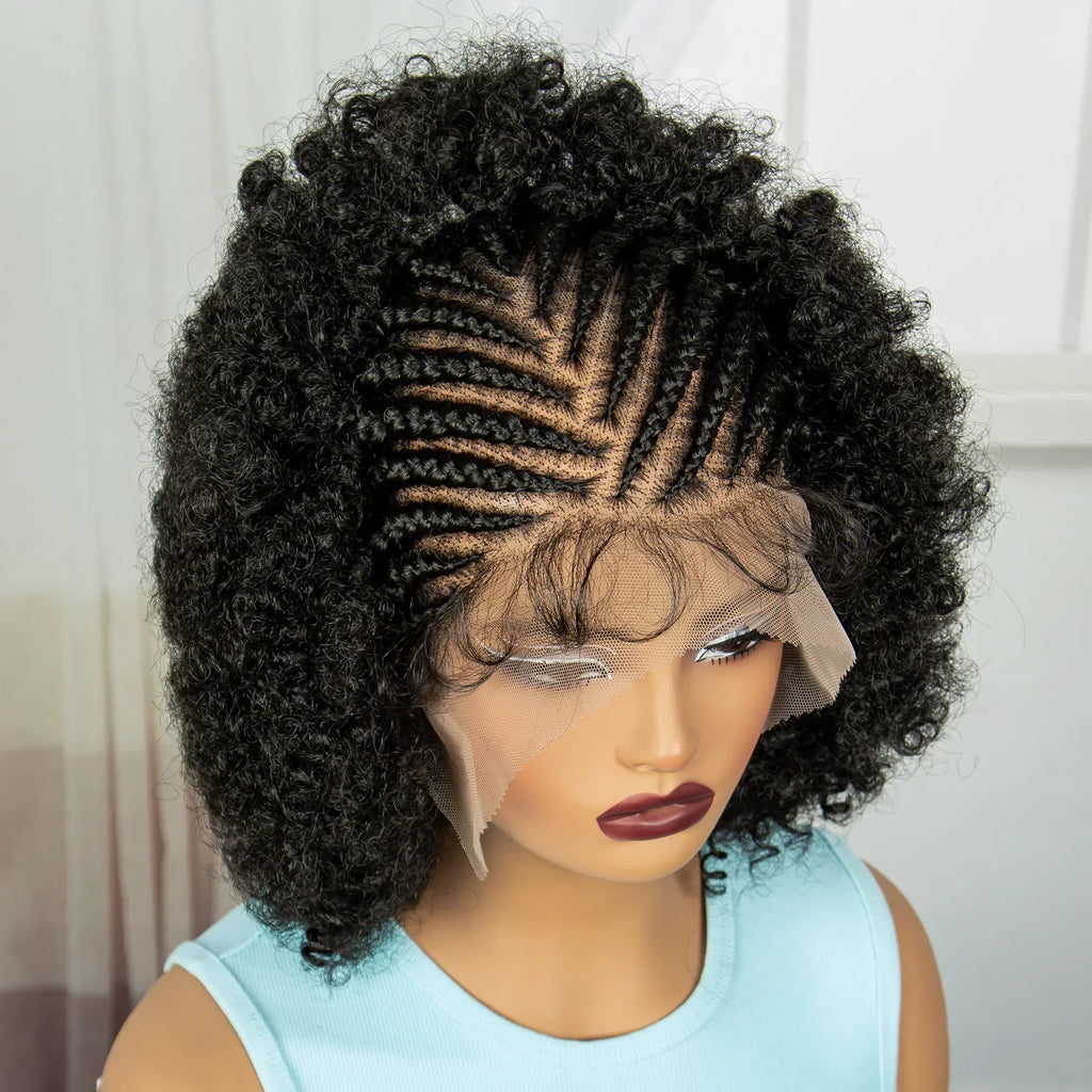 8" Short Afro Kinky Curly Cornrow Braids Wig | Full Lace | Baby Hair
