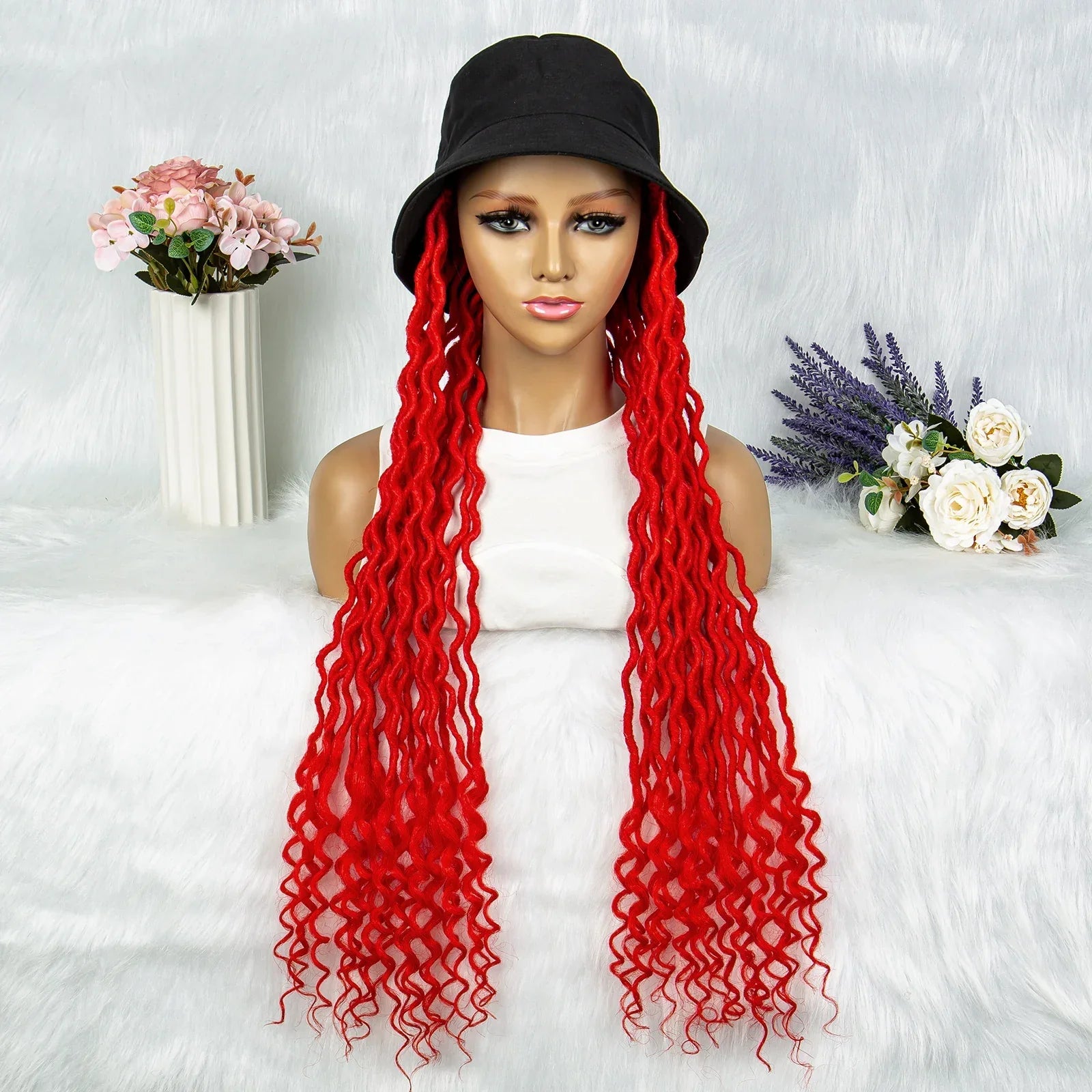 30" Crochet Afro Dreadlocks Bucket Hat Wig | Synthetic Braided Hair | Curly Ends | Black Women