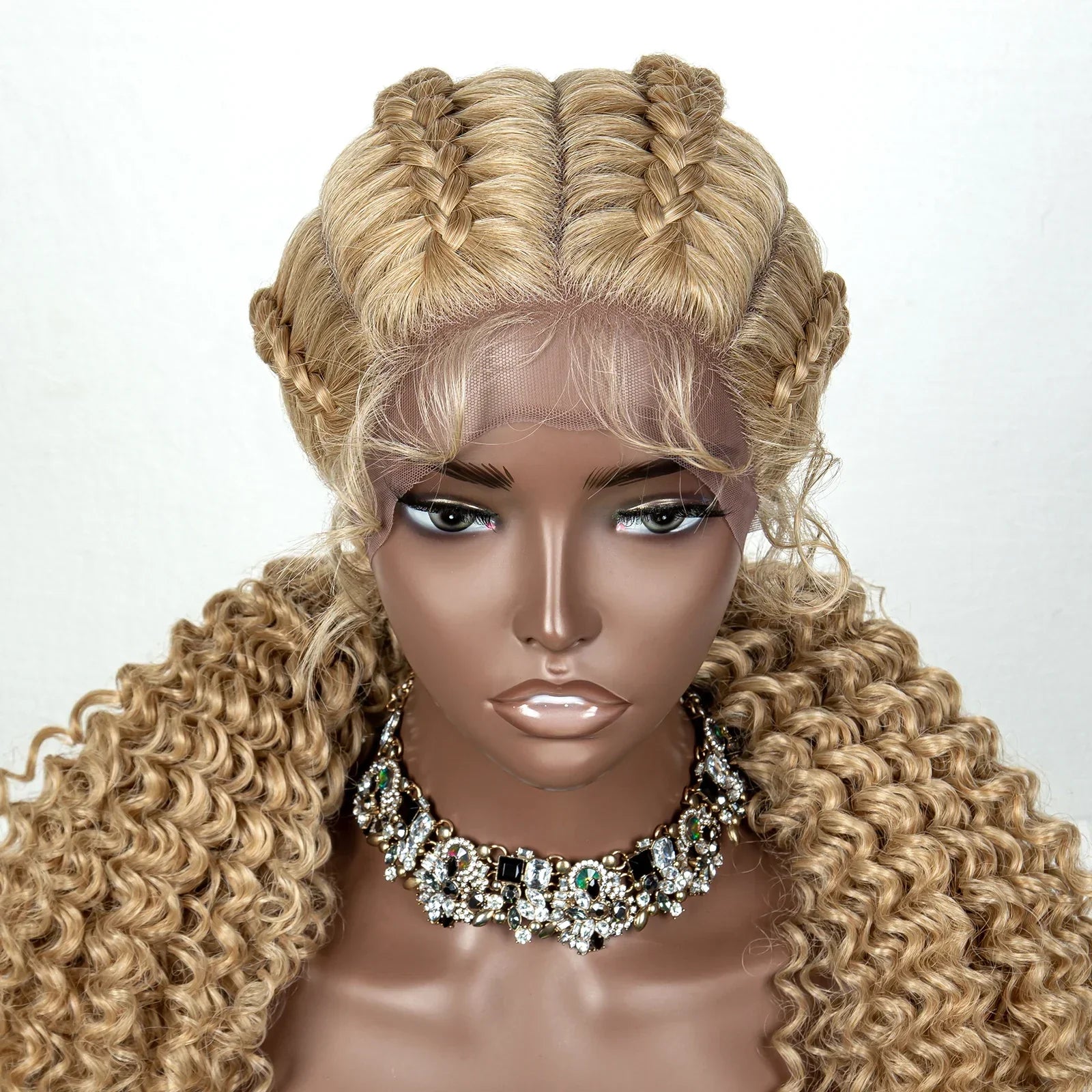 22" Box Braids Full Lace Wig | Two Curly Ponytails | Baby Hair | Synthetic Braided Wig