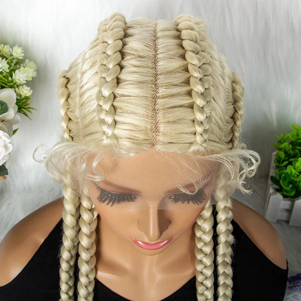 36" 27/613 Blonde Cornrow Braided Wig | Lace Frontal Box Braids | Synthetic Wig with Baby Hair for Black Women