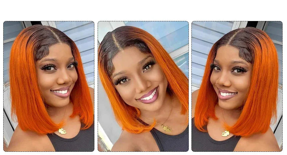 180% Density Dark Root Ginger Ombre Straight Bob Wig | Transparent T-Part Lace Front Human Hair