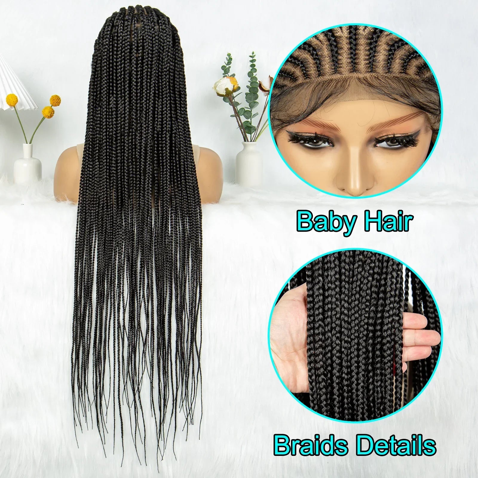 34" Handmade Cornrow Braided Wig | Full Lace Knotless Box Braids | Baby Hair | Transparent Lace | Black Women