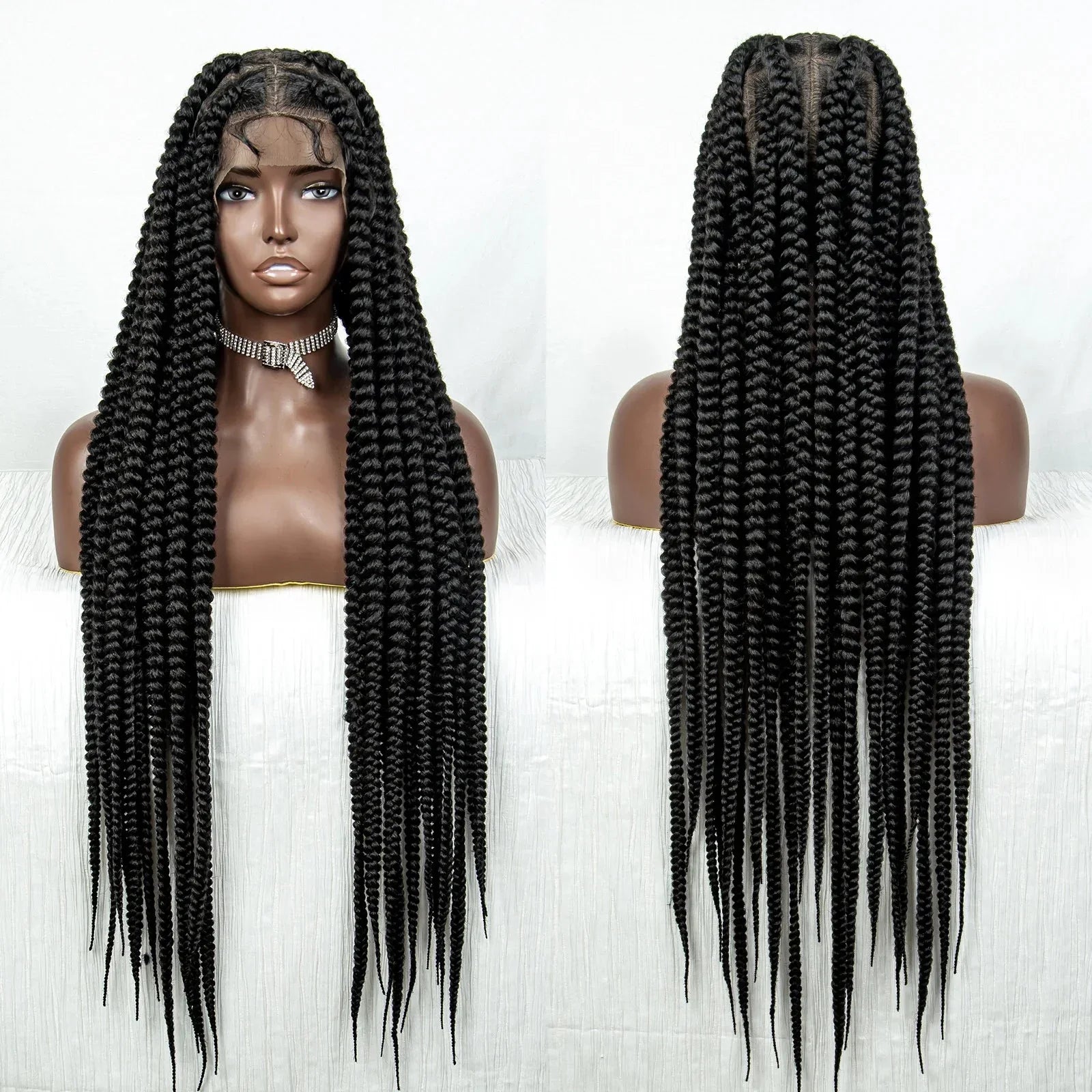 34" Jumbo Box Braids Wig | Full Lace | Cornrow Accents | Natural Color | Kanekalon