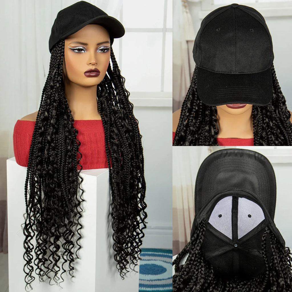 28" Curly Knotless Box Braids Hat Wig | Synthetic Baseball Cap Wig