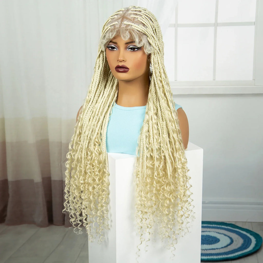36" Ombre Boho Knotless Braids Wig | Curly Ends | HD Full Lace | Baby Hair