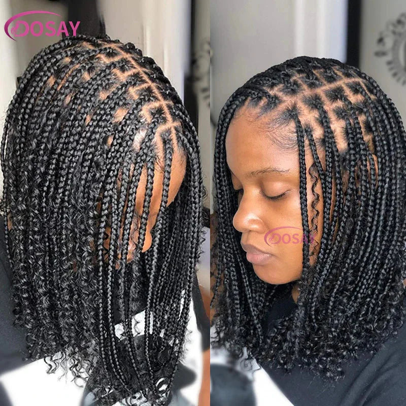 12" Curly Boho Braids Bob Wig | 360 Full Lace | Knotless Box Braids | Baby Hair