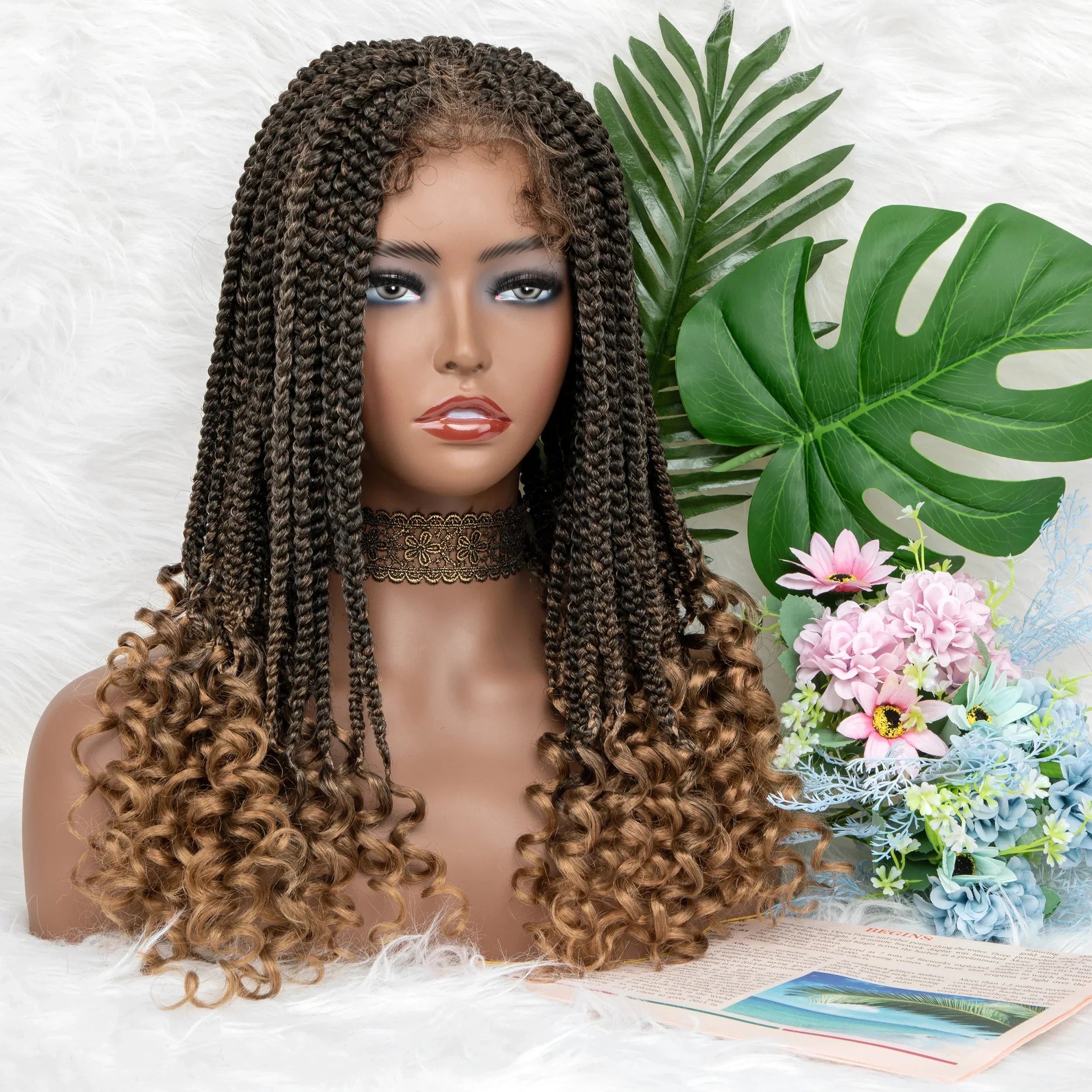 18" Curly End Box Braided Lace Front Wig | 4x4 Lace | Baby Hair | Synthetic Afro Wig