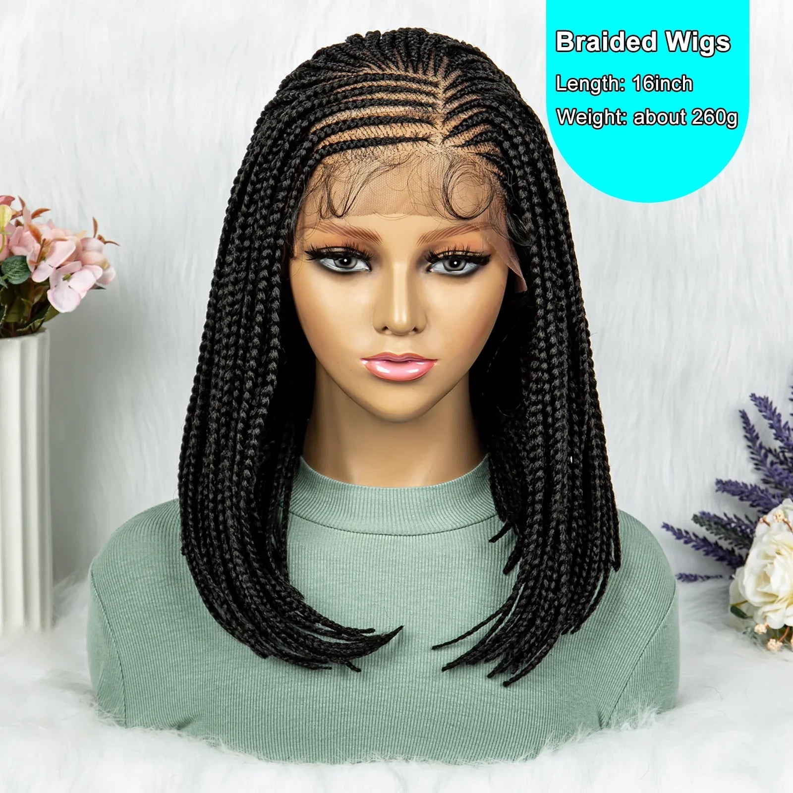 16" Short Knotless Box Braids Bob Wig | Lace Front | Afro Braided Hair
