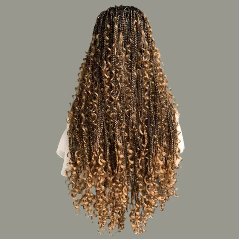 22" Curly End Box Braided Full Lace Front Wig | Goddess Locs | Bohemian Braids | Synthetic Wig