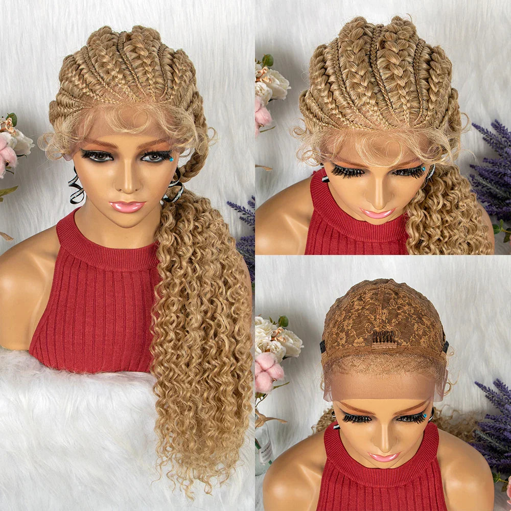 28" Burgundy Knotless Braids Wig with Curly Ends | Lace Front | Baby Hair