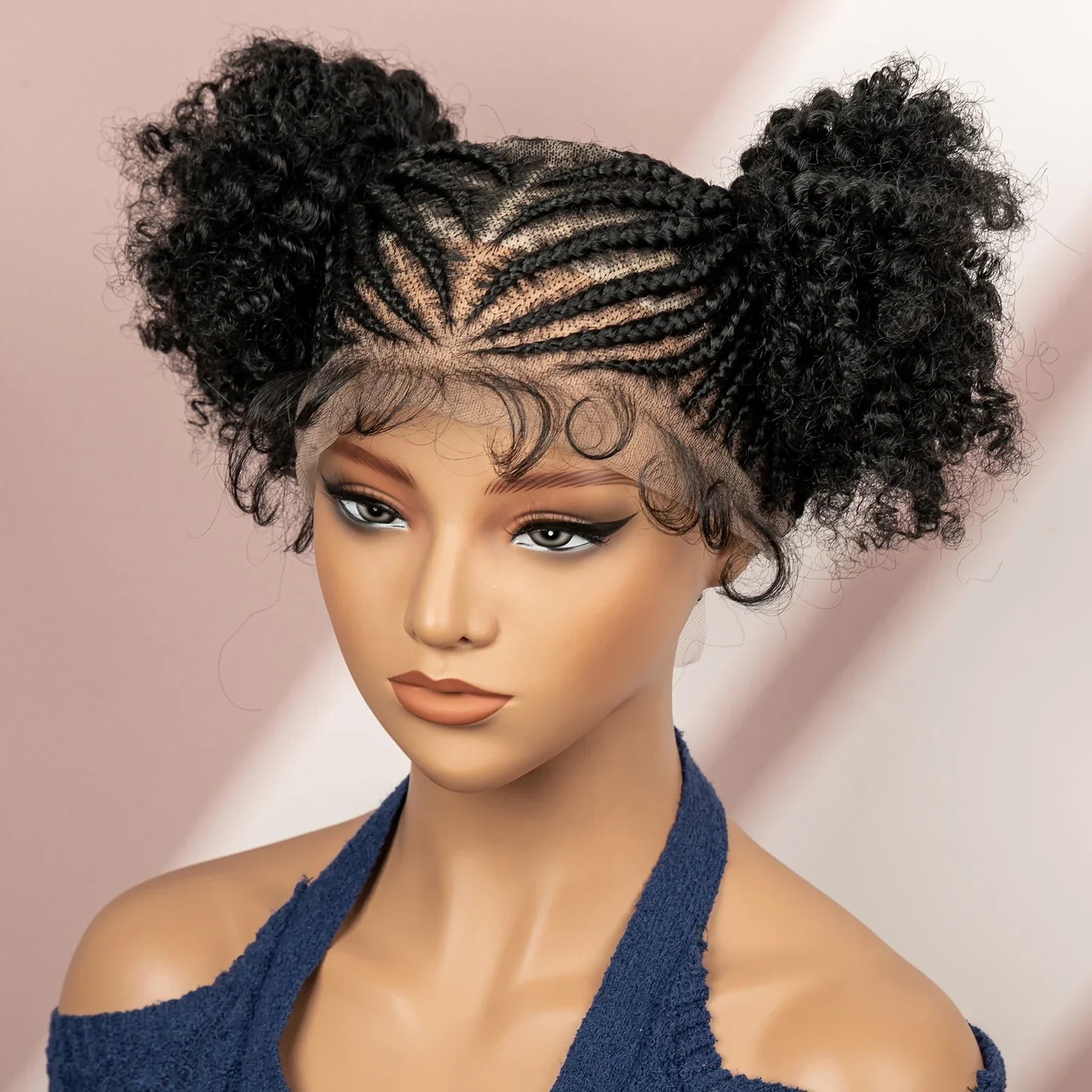 6" Short Afro Curly Wig | Twin Buns | 360 Lace | Cornrows | For Black Women
