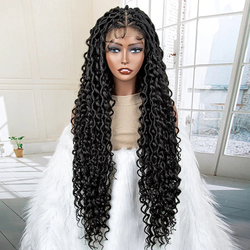 36" Knotless Dreadlock Braided Full Lace Wig | Curly Ends | Synthetic Locs Braids | Black Women