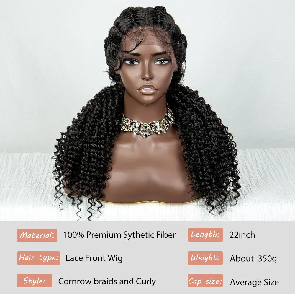 22" Box Braids Full Lace Wig | Two Curly Ponytails | Baby Hair | Synthetic Braided Wig
