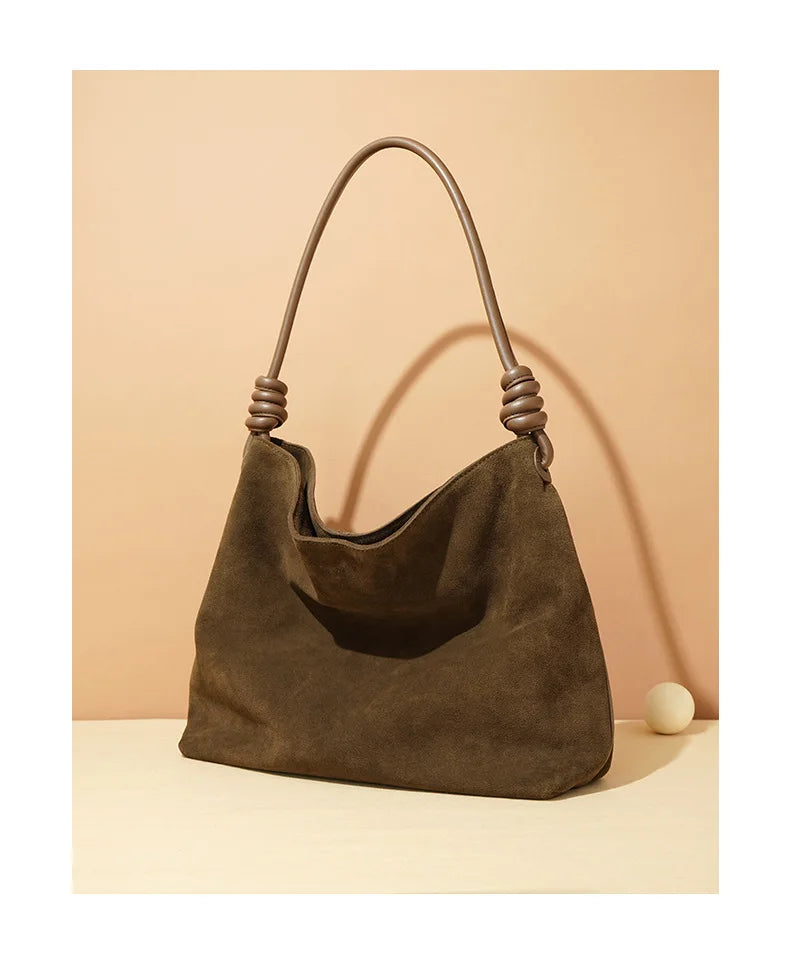 All-Match Chamois Matte Suede Cowhide Leather Tote | Large Capacity Designer Maillard Dressing Coffee Winter Ladies Handbag
