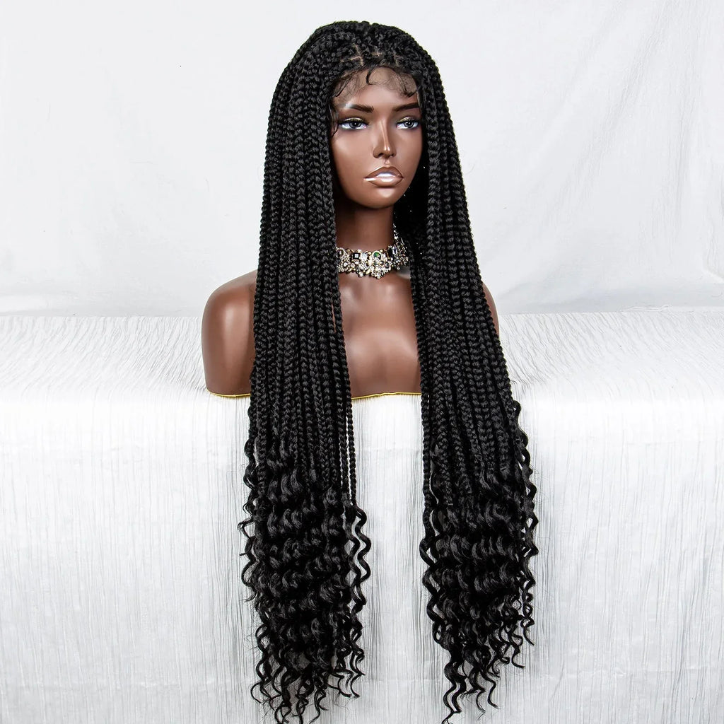 36" Curly End Box Braided Full Lace Wig | Straight Cornrows | Kanekalon Synthetic Braids