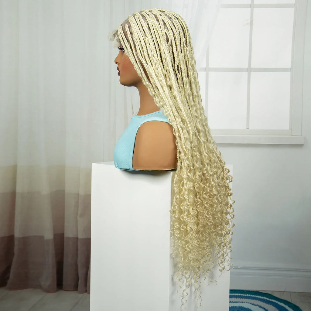 36" Blonde Boho Knotless Braids Wig | Curly Ends | HD Full Lace | Baby Hair