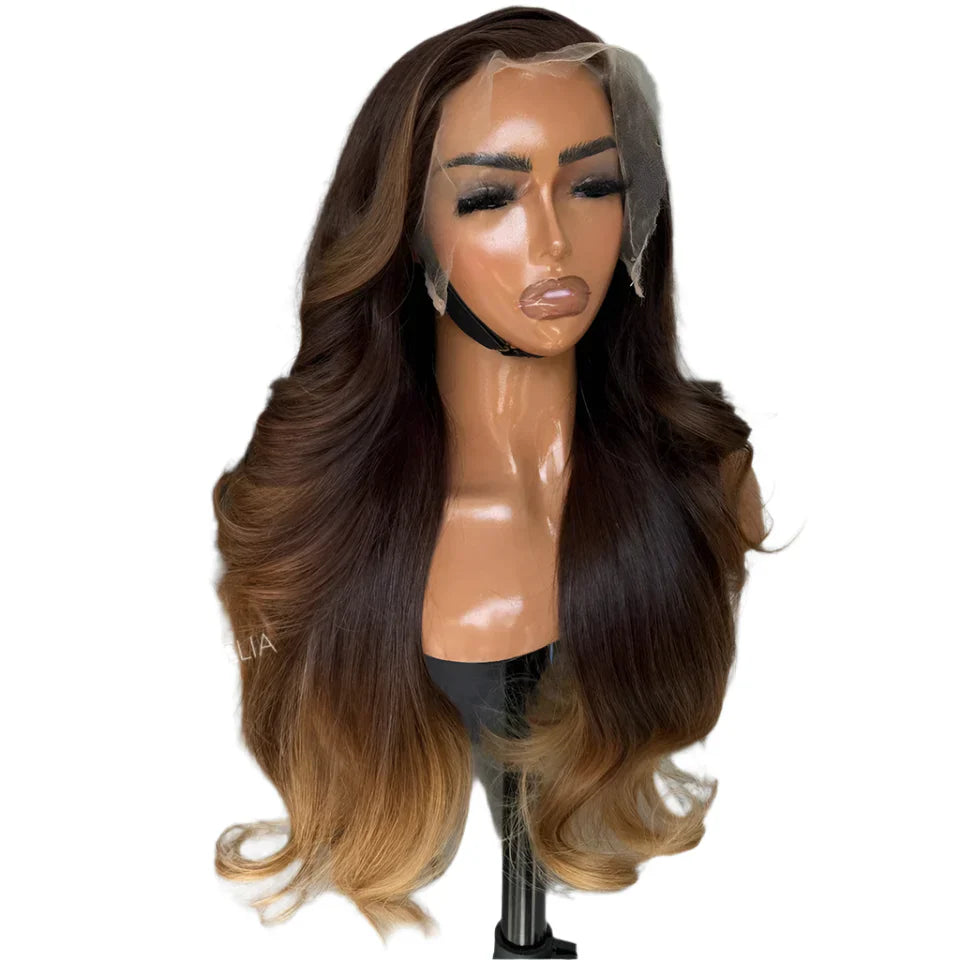32 Inch Ombre Brown Body Wave Wig | 13x4 Transparent Lace Front Peruvian Remy Human Hair (High Quality, On Sale)