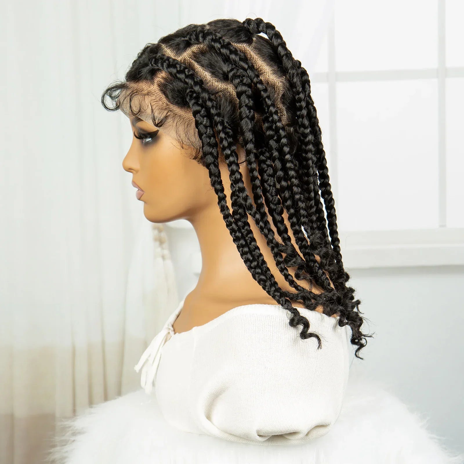 14" Short Braided Wig with Curly Ends | Knotless Box Braids | Full Lace Synthetic Wig for Black Women | Transparent Lace