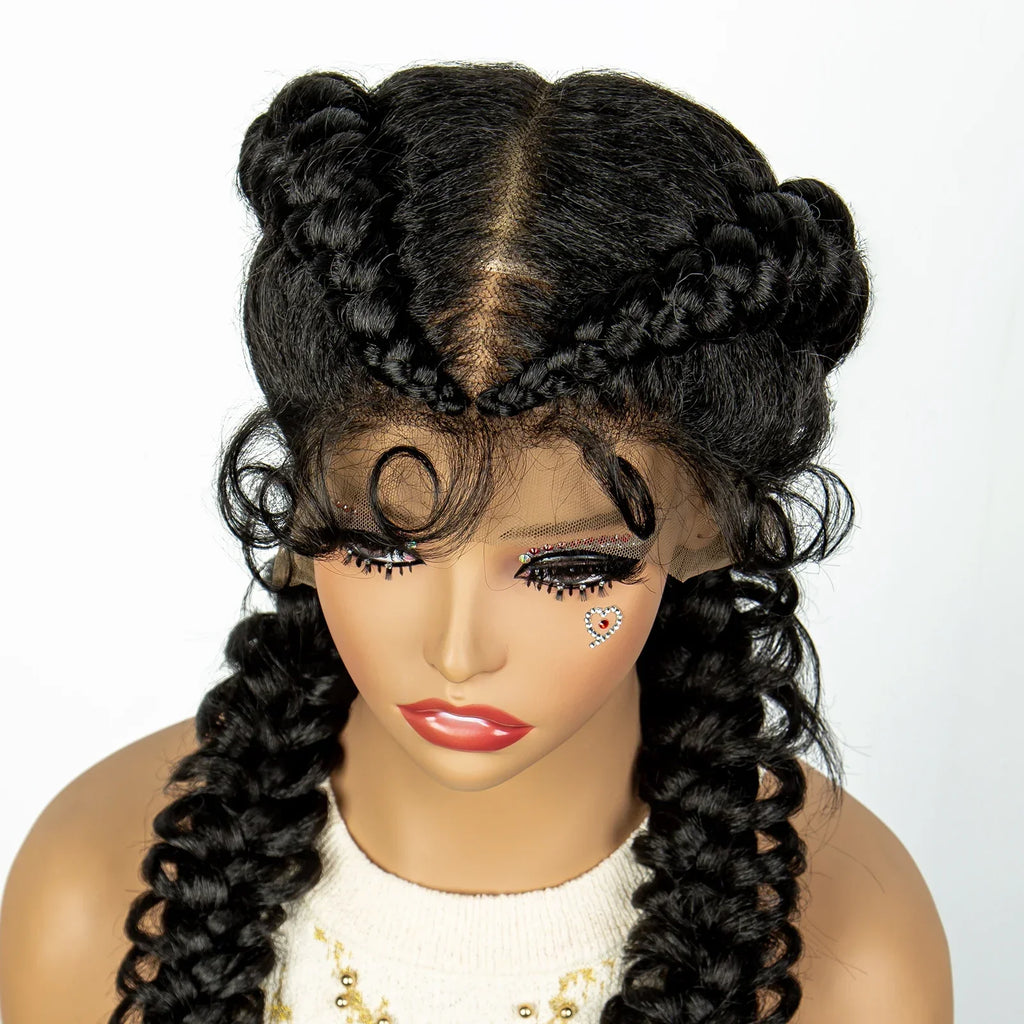1B/30 Dark Brown Dutch Box Braids Wig | Synthetic Lace Frontal | Fishtail Braids | With Baby Hair | For Black Women