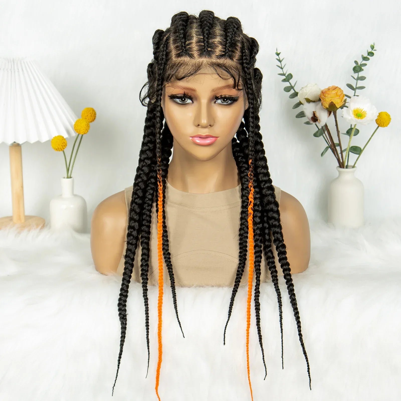24" Full Lace Cornrow Braided Wig | Orange Boho Braids | Synthetic Lace Wig | Black Women