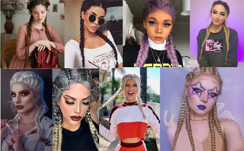 32" Hand-Made Knotless Box Braided Lace Front Wig | French Braid | Baby Hair | Glueless Synthetic Wig