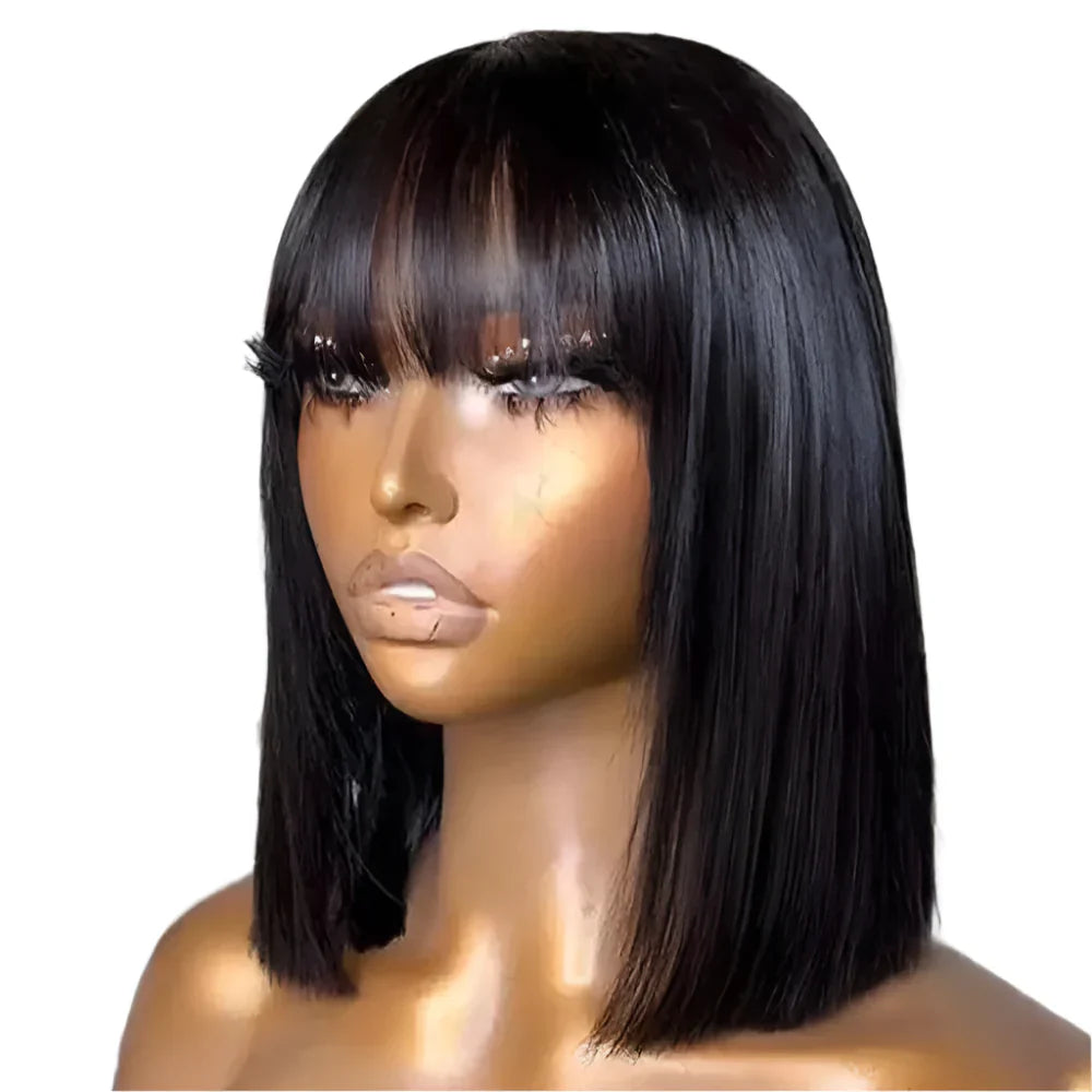 180% Density Straight Bob Wig with Bangs | Full Machine Made | Brazilian Virgin Hair | Natural Black