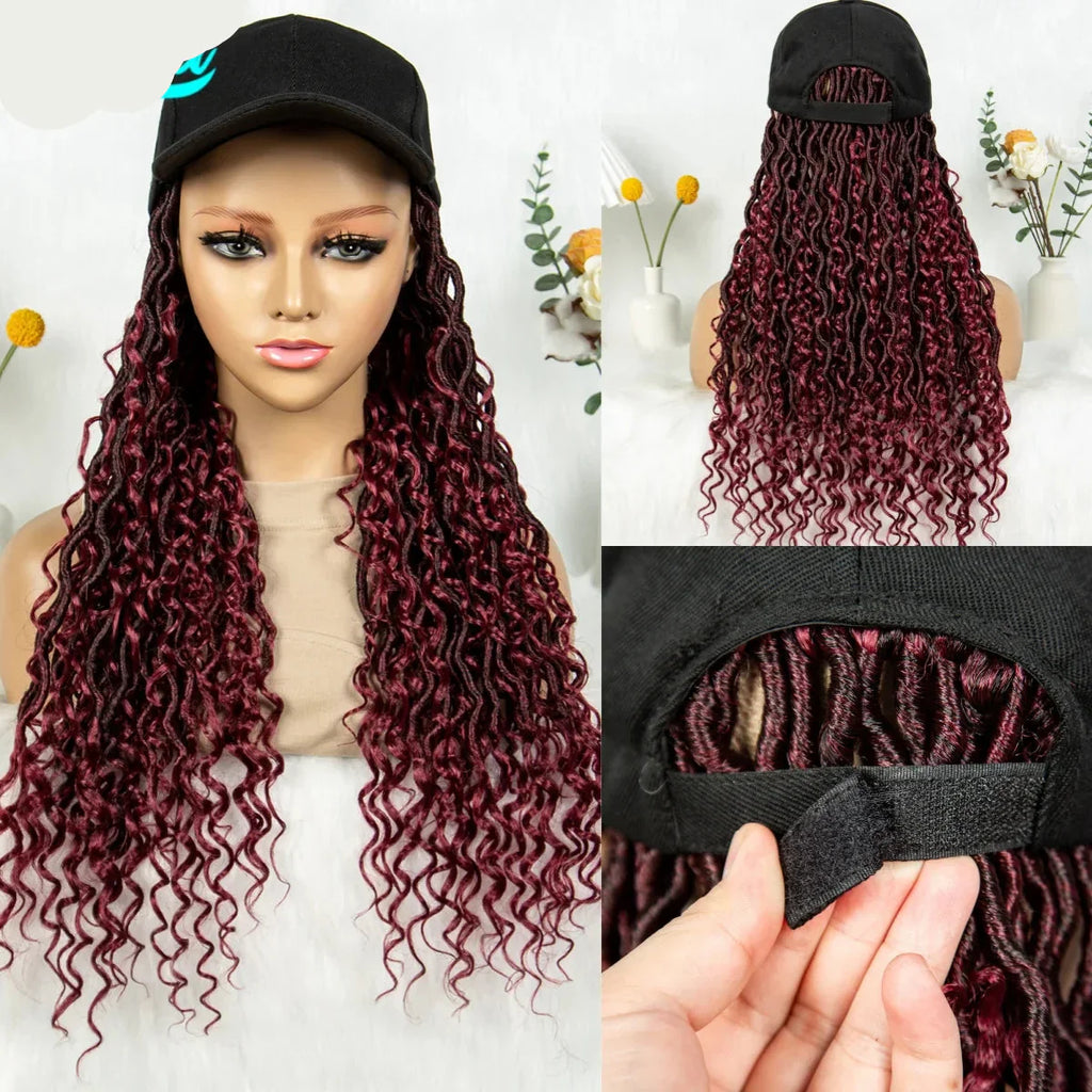 20" Burgundy Boho Locs Baseball Cap Wig | Adjustable Hat Wig | Synthetic Braids | Black Women