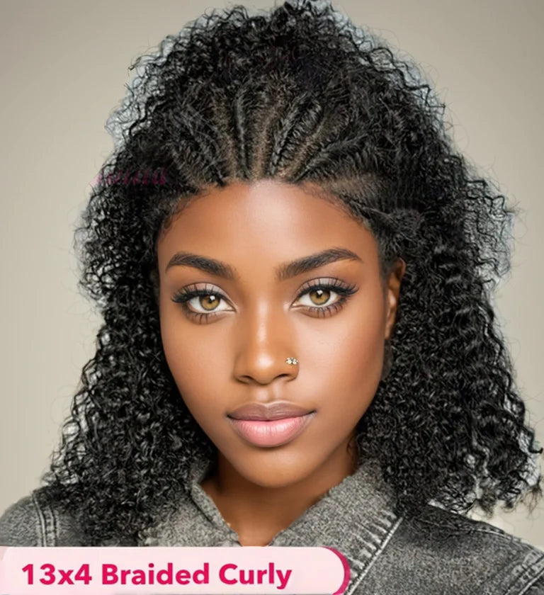 13x4 HD Lace Glue less Braided Wig | Kinky Curly Human Hair | Pre-Styled Bob Wig