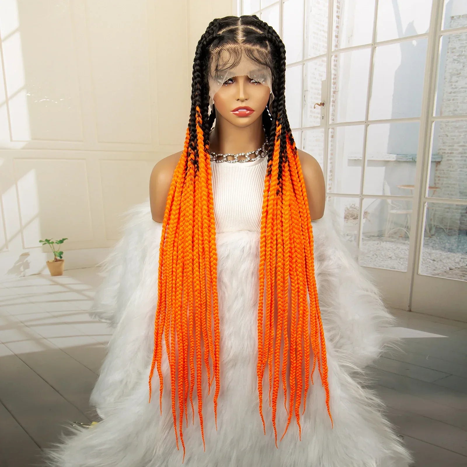 36" Big Knotless Box Braided Full Lace Wig | Cornrow Braiding Wig | Baby Hair | Synthetic Braids | For Women