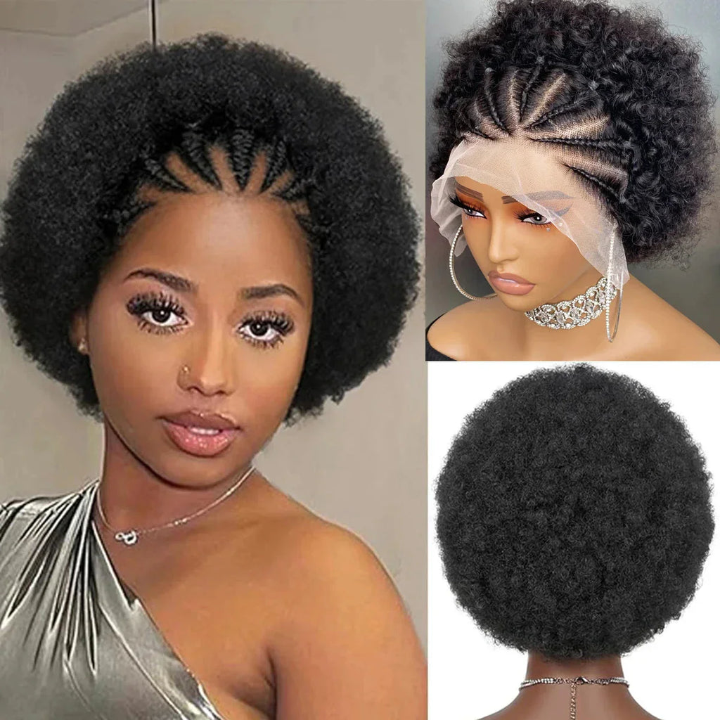 6" Afro Curly Braided Lace Front Wig | 250% Density | Brazilian Remy Hair | Short Curly Wig