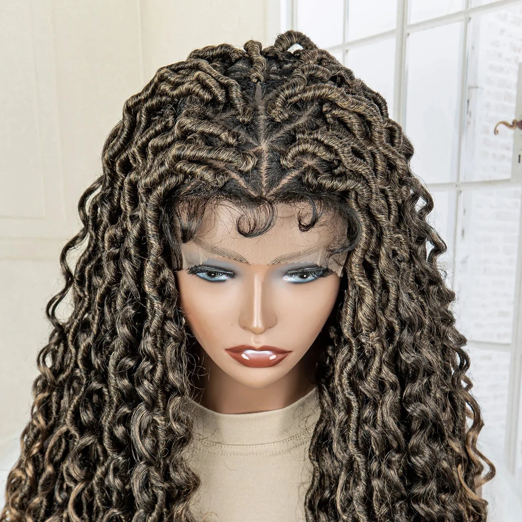 36" Knotless Dreadlock Braided Full Lace Wig | Curly Ends | Synthetic Locs Braids | Black Women