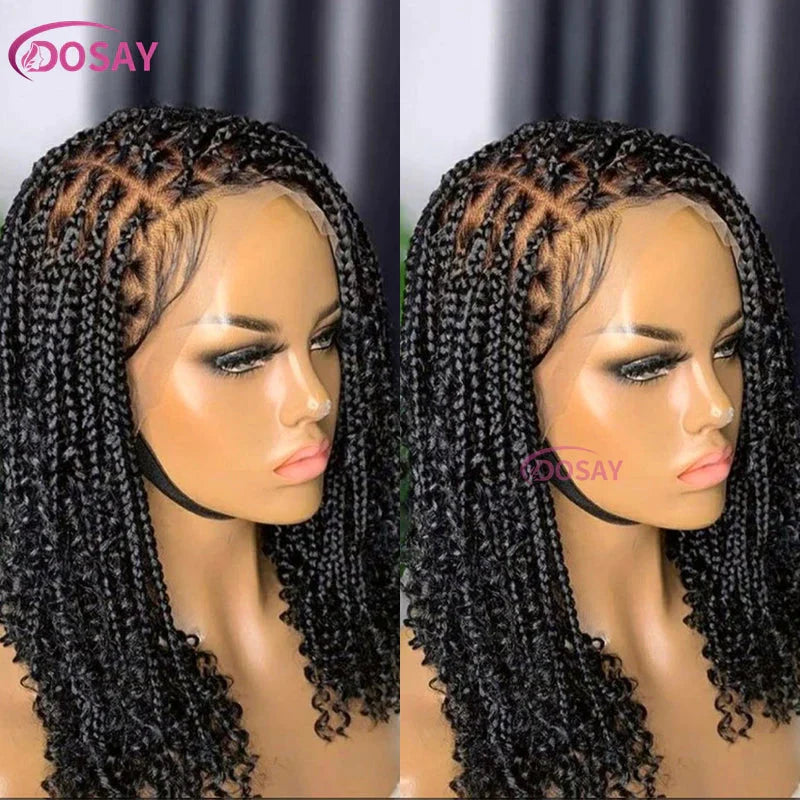 12" Curly Boho Braids Bob Wig | 360 Full Lace | Knotless Box Braids | Baby Hair