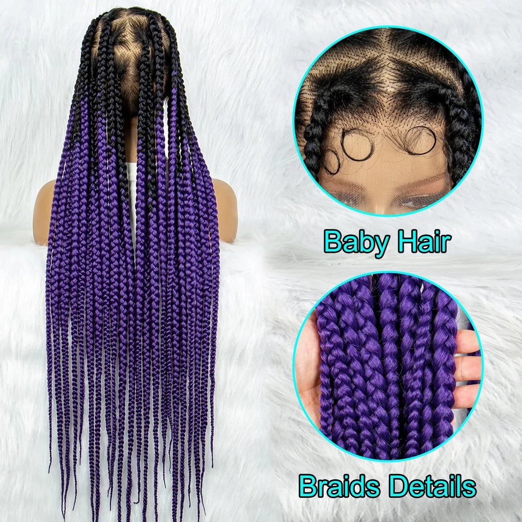 36" Purple Knotless Box Braids Wig | Transparent Full Lace | Baby Hair | Synthetic