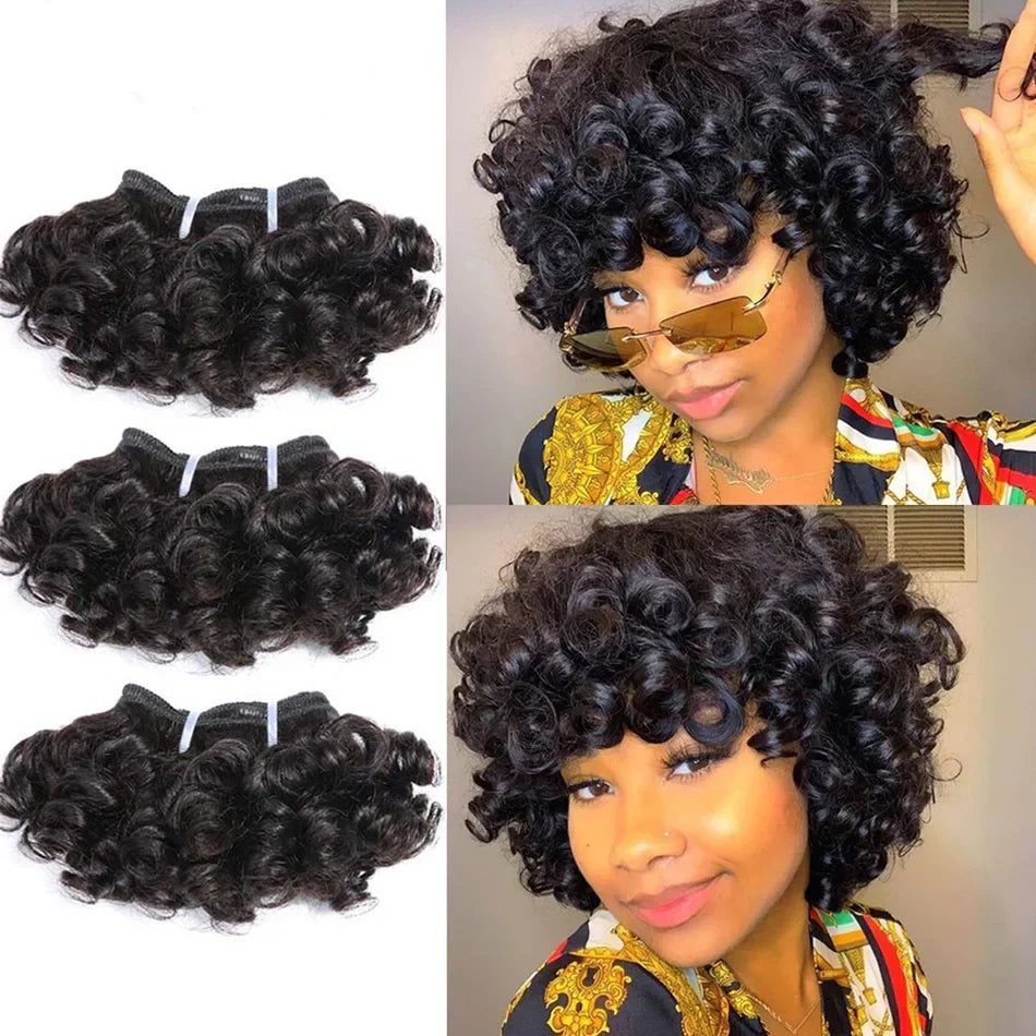 6" Bouncy Curly Indian Remy Hair Bundles | Double Drawn | Natural Black & Brown | Sew-In Extensions