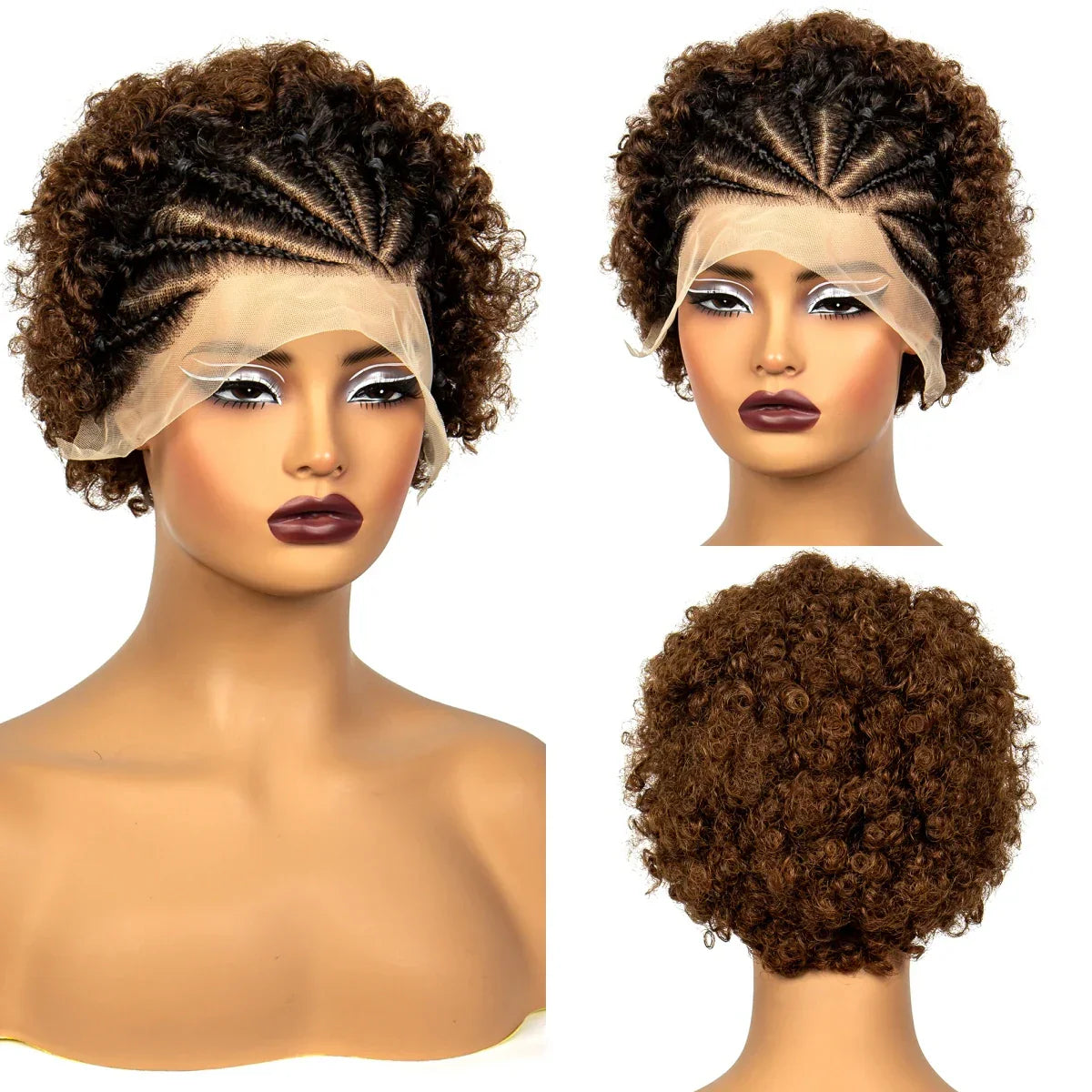 6" 1B/4 Afro Kinky Curly Cornrow Braids Bob Wig | 13x4 Lace Frontal