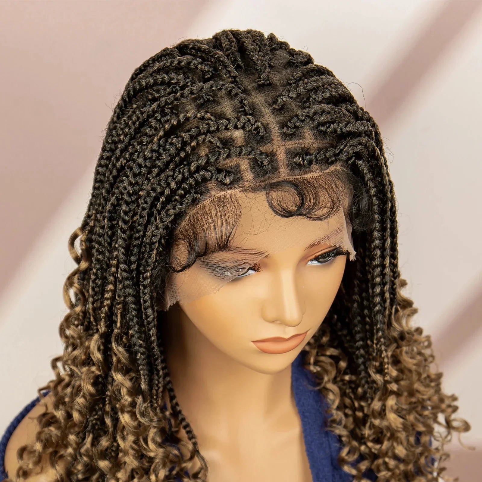 16" Short Brown Box Braided Full Lace Wig | Curly Ends | African Braids | Black Women