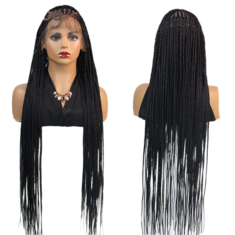 36" Full Lace Afro Cornrow Braided Wig | Knotless Box Braids & Baby Hair | Handmade Synthetic Wig for Black Women